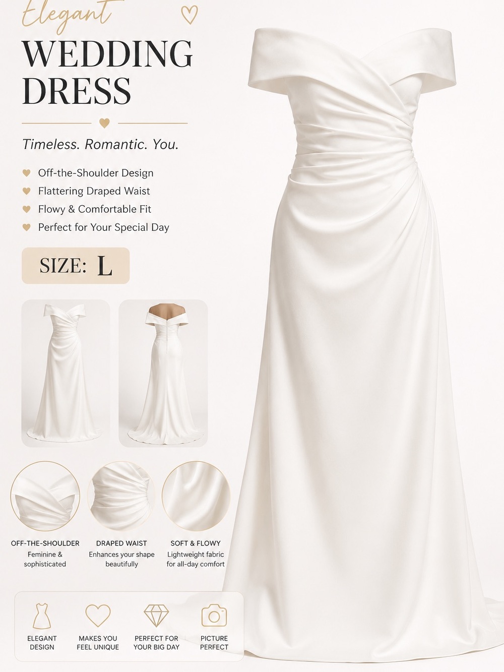 David's Bridal Off-the-Shoulder White Satin Wedding Gown